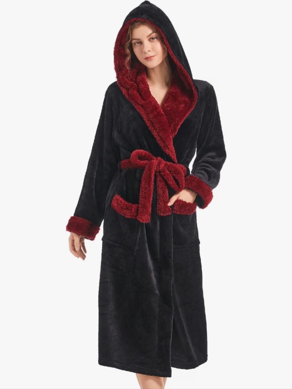 Women Hooded Plush Robe, Fleece Highly Absorbent Cozy Warm Bathrobe